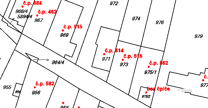 Střelice 514 na parcele st. 971 v KÚ Střelice u Brna, Katastrální mapa
