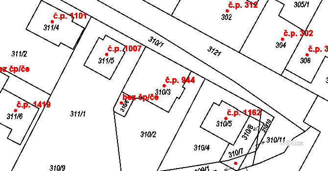 Bolevec 944, Plzeň na parcele st. 310/3 v KÚ Bolevec, Katastrální mapa