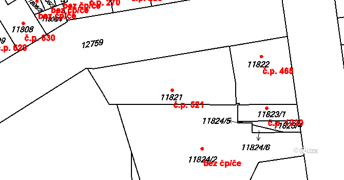 Severní Předměstí 521, Plzeň na parcele st. 11821 v KÚ Plzeň, Katastrální mapa