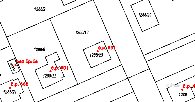 Černice 531, Plzeň na parcele st. 1288/23 v KÚ Bručná, Katastrální mapa