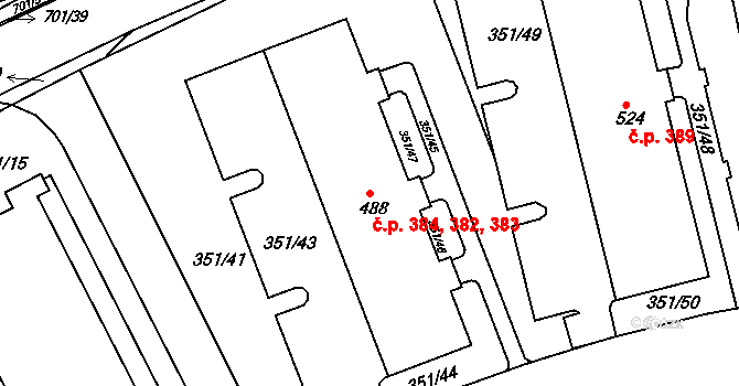 Týn 382,383,384, Třebíč na parcele st. 488 v KÚ Týn u Třebíče, Katastrální mapa