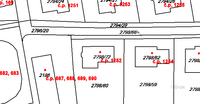 Mohelnice 1252 na parcele st. 2798/72 v KÚ Mohelnice, Katastrální mapa