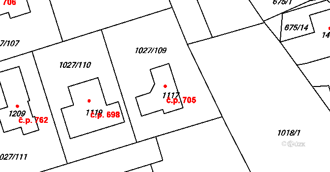 Prštné 705, Zlín na parcele st. 1117 v KÚ Prštné, Katastrální mapa