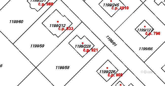 Vejprnice 921 na parcele st. 1199/228 v KÚ Vejprnice, Katastrální mapa