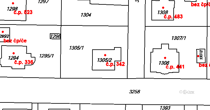 Radvanice 342, Ostrava na parcele st. 1305/2 v KÚ Radvanice, Katastrální mapa