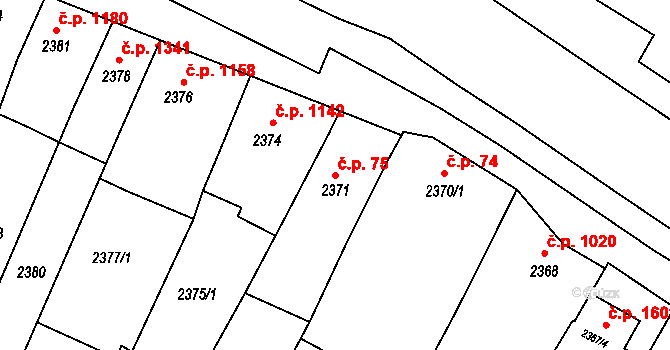 Kunovice 75 na parcele st. 2371 v KÚ Kunovice u Uherského Hradiště, Katastrální mapa