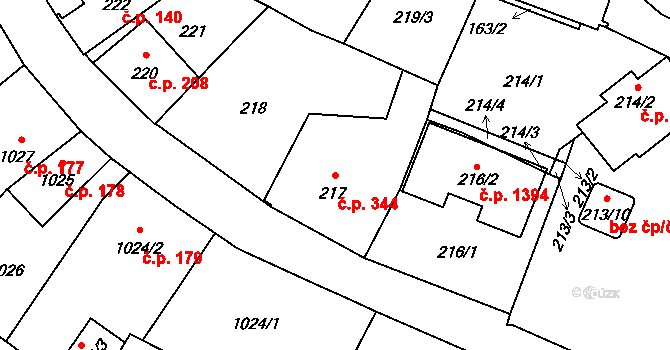 Mohelnice 344 na parcele st. 217 v KÚ Mohelnice, Katastrální mapa