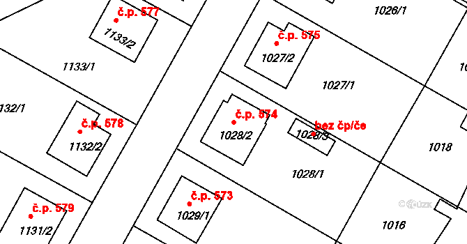 Kamenice nad Lipou 574 na parcele st. 1028/2 v KÚ Kamenice nad Lipou, Katastrální mapa