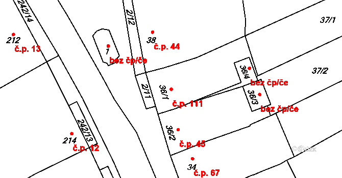 Bohumilice 111, Klobouky u Brna na parcele st. 36/1 v KÚ Bohumilice, Katastrální mapa