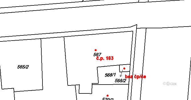 Všetuly 183, Holešov na parcele st. 567 v KÚ Všetuly, Katastrální mapa