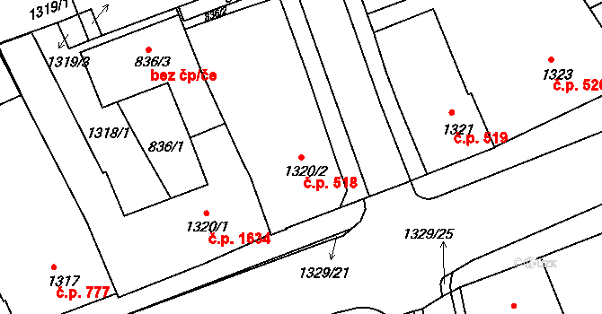 Holešov 518 na parcele st. 1320/2 v KÚ Holešov, Katastrální mapa