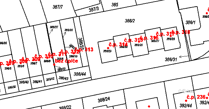 Oblekovice 314, Znojmo na parcele st. 386/29 v KÚ Oblekovice, Katastrální mapa