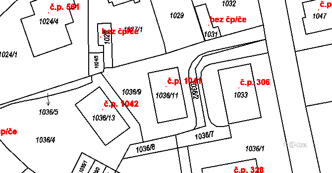 Doksy 1041 na parcele st. 1036/11 v KÚ Doksy u Máchova jezera, Katastrální mapa