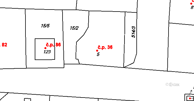 Chvalovice 36, Kovanice na parcele st. 5 v KÚ Chvalovice u Nymburka, Katastrální mapa
