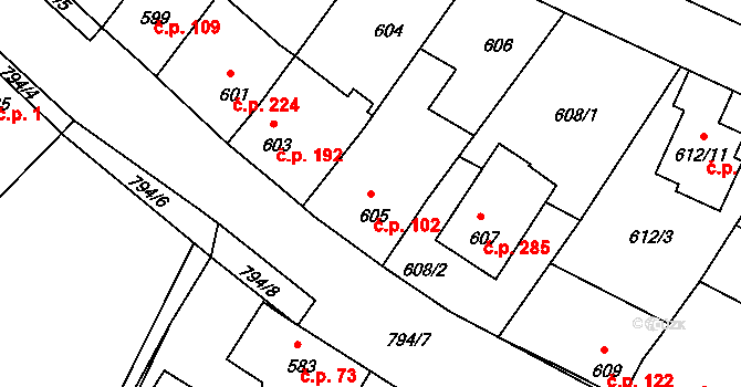 Včelná 102 na parcele st. 605 v KÚ Včelná, Katastrální mapa