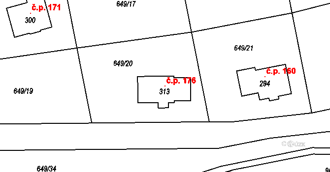 Rváčov 176, Vysočina na parcele st. 313 v KÚ Rváčov u Hlinska, Katastrální mapa