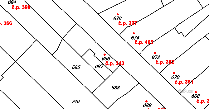 Moravský Písek 343 na parcele st. 686 v KÚ Moravský Písek, Katastrální mapa