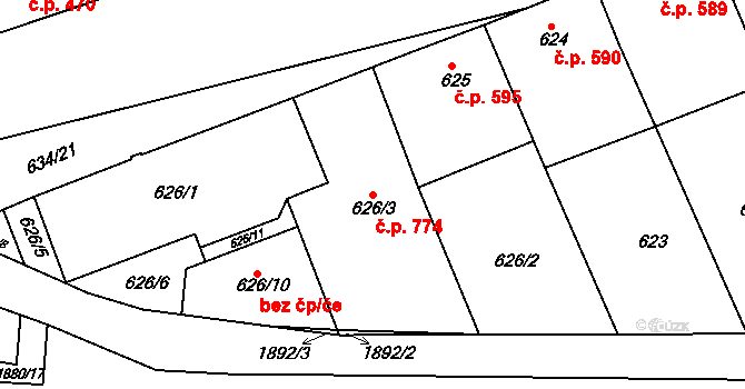 Šardice 774 na parcele st. 626/3 v KÚ Šardice, Katastrální mapa