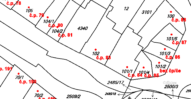 Kyjov 83 na parcele st. 102 v KÚ Kyjov, Katastrální mapa