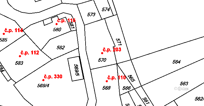 Stonařov 203 na parcele st. 570 v KÚ Stonařov, Katastrální mapa
