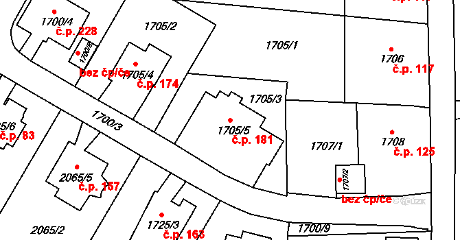 Brňany 181, Vyškov na parcele st. 1705/5 v KÚ Vyškov, Katastrální mapa