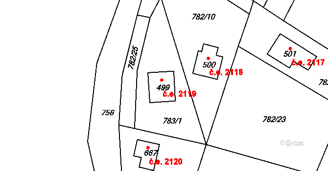 Skuheř 2119, Kamenice na parcele st. 499 v KÚ Těptín, Katastrální mapa