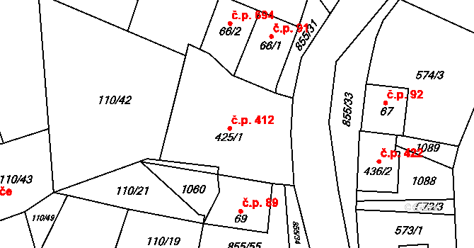 Kovářská 412 na parcele st. 425/1 v KÚ Kovářská, Katastrální mapa