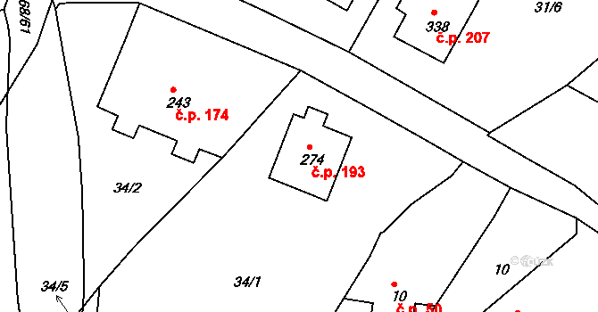 Trnava 193 na parcele st. 274 v KÚ Trnava u Třebíče, Katastrální mapa