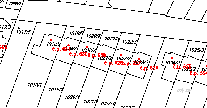 Žebětín 528, Brno na parcele st. 1021/2 v KÚ Žebětín, Katastrální mapa