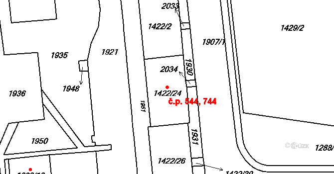 Štýřice 544,744, Brno na parcele st. 1422/2 v KÚ Štýřice, Katastrální mapa
