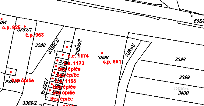 Líšeň 651, Brno na parcele st. 3396 v KÚ Líšeň, Katastrální mapa