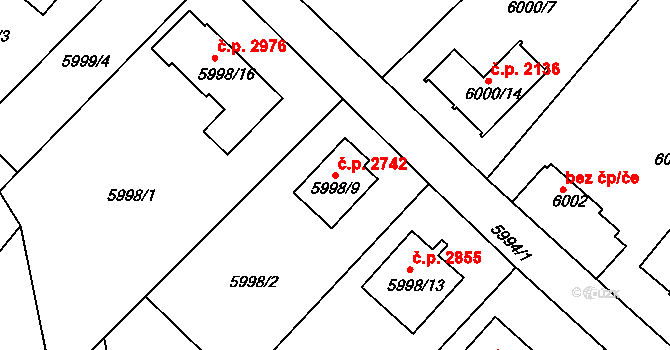 Frýdek 2742, Frýdek-Místek na parcele st. 5998/9 v KÚ Frýdek, Katastrální mapa