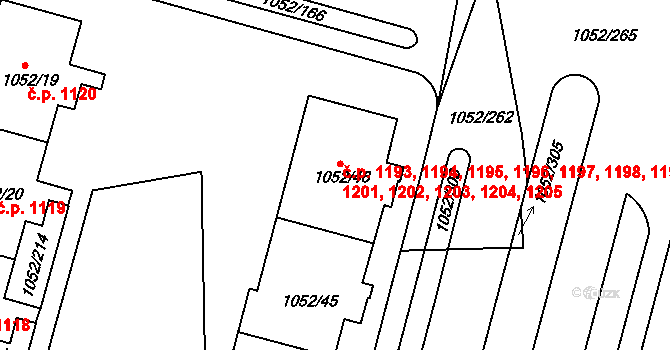 Krč 1193,1194,1195,1196,, Praha na parcele st. 1052/46 v KÚ Krč, Katastrální mapa