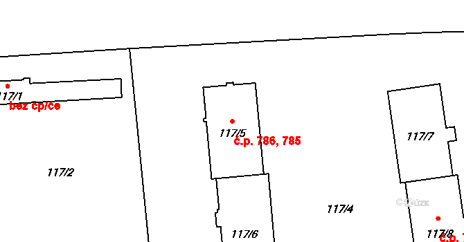 Ruzyně 785,786, Praha na parcele st. 117/5 v KÚ Ruzyně, Katastrální mapa
