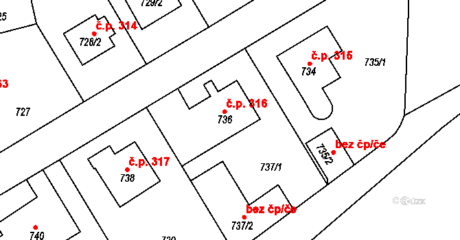 Řepy 316, Praha na parcele st. 736 v KÚ Řepy, Katastrální mapa