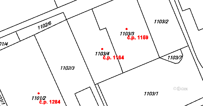 Suchdol 1164, Praha na parcele st. 1103/4 v KÚ Suchdol, Katastrální mapa