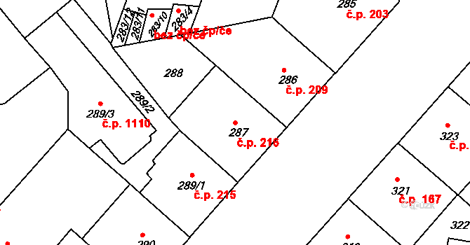 Bubeneč 216, Praha na parcele st. 287 v KÚ Bubeneč, Katastrální mapa