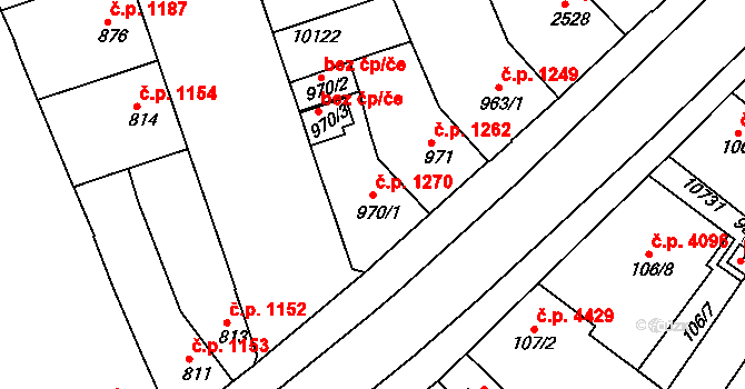 Hodonín 1270 na parcele st. 970/1 v KÚ Hodonín, Katastrální mapa