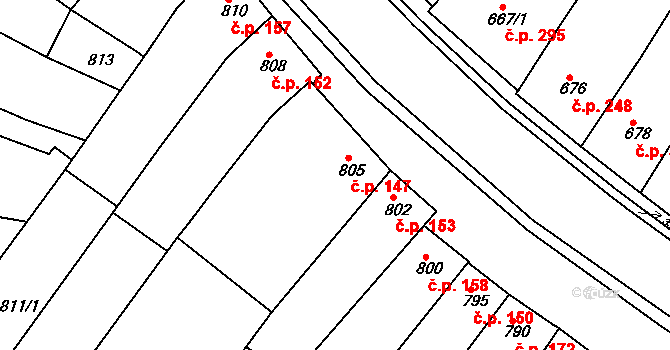Blučina 147 na parcele st. 805 v KÚ Blučina, Katastrální mapa