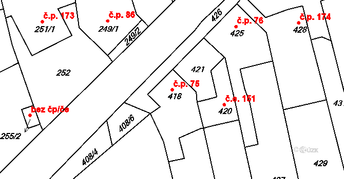 Řícmanice 75 na parcele st. 418 v KÚ Řícmanice, Katastrální mapa
