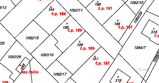Ovčáry 186 na parcele st. 186 v KÚ Ovčáry u Kolína, Katastrální mapa