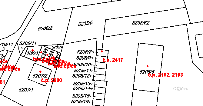 Východní Předměstí 2417, Plzeň na parcele st. 5205/8 v KÚ Plzeň, Katastrální mapa