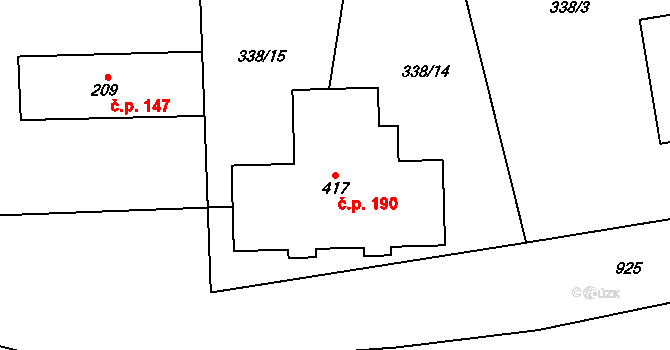 Tmaň 190 na parcele st. 417 v KÚ Tmaň, Katastrální mapa