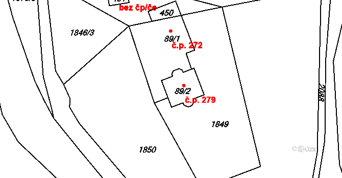 Rybníčky 279, Skuhrov nad Bělou na parcele st. 89/2 v KÚ Skuhrov nad Bělou, Katastrální mapa