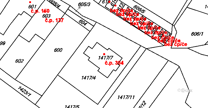 Bystřany 304 na parcele st. 1417/7 v KÚ Bystřany, Katastrální mapa