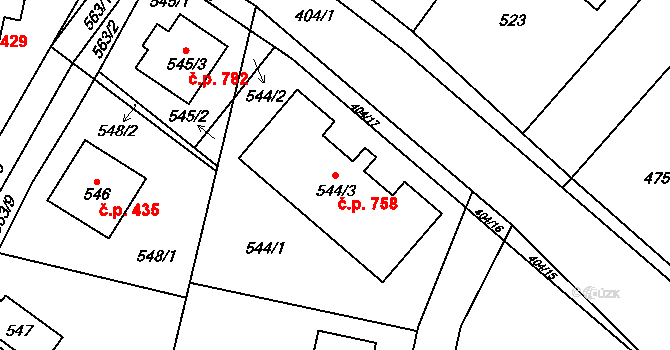 Vinoř 758, Praha na parcele st. 544/3 v KÚ Vinoř, Katastrální mapa