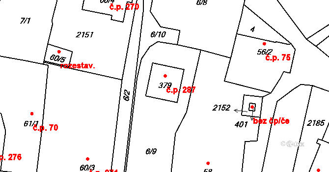 Domašín 287, Vlašim na parcele st. 379 v KÚ Domašín, Katastrální mapa