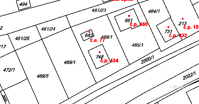 Louky 434, Zlín na parcele st. 748 v KÚ Louky nad Dřevnicí, Katastrální mapa