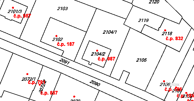 Jemnice 987 na parcele st. 2104/2 v KÚ Jemnice, Katastrální mapa