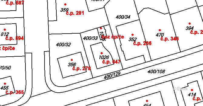 Prštné 647, Zlín na parcele st. 1026 v KÚ Prštné, Katastrální mapa